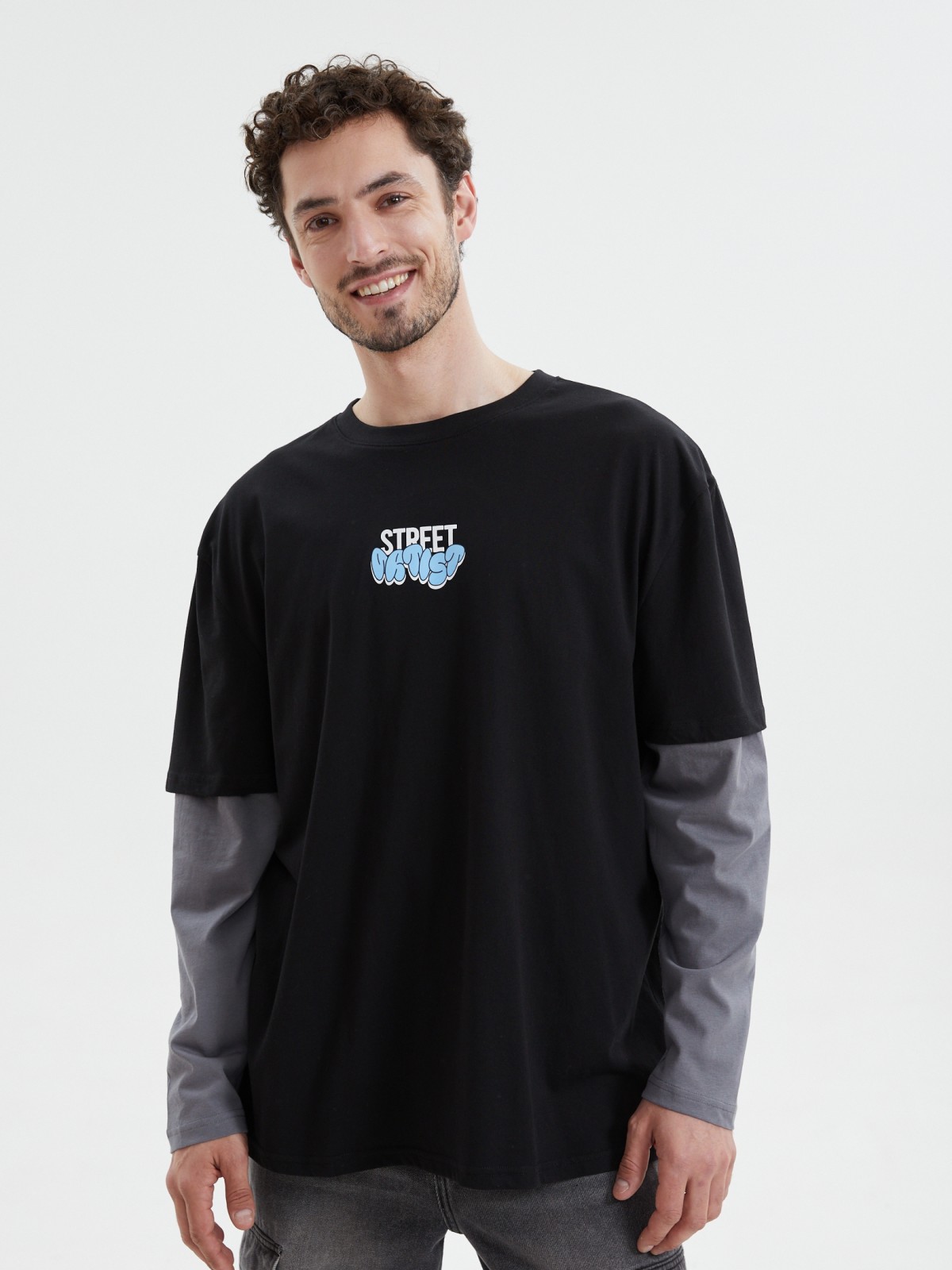 Лонгслив из хлопка с имитацией футболки