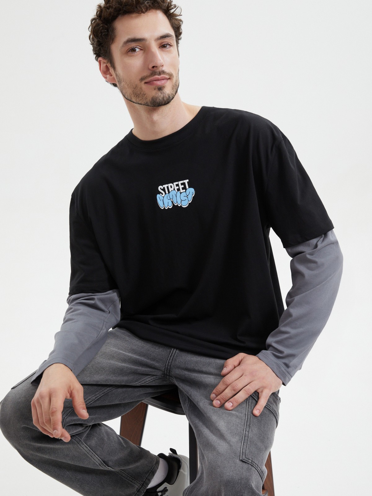 Лонгслив из хлопка с имитацией футболки