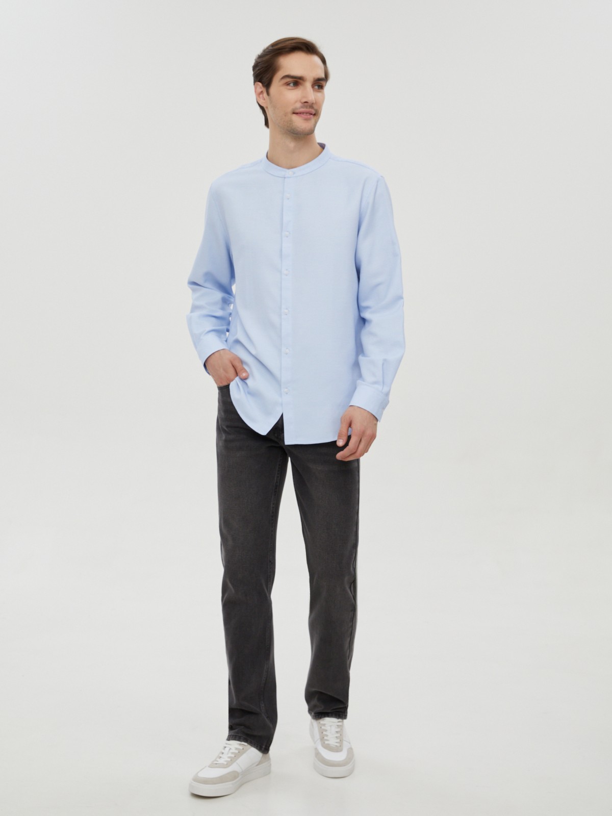 Офисная рубашка с воротником-стойкой и длинным рукавом