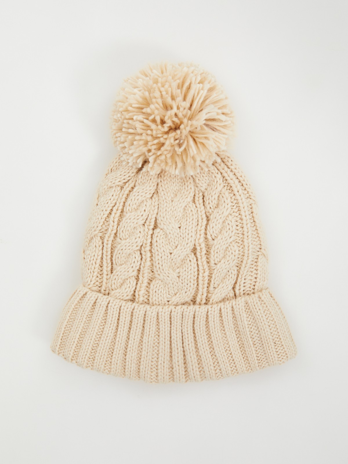 Тёплая вязаная шапка-бини с помпоном и флисом