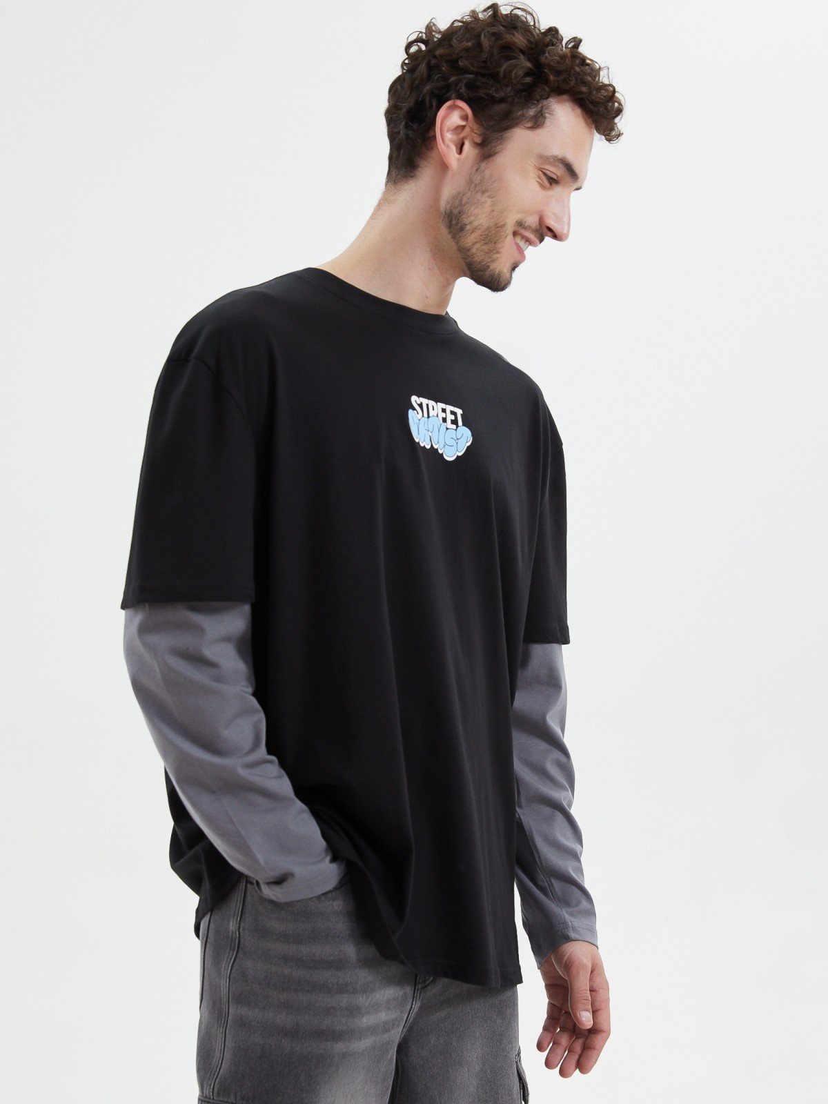 Лонгслив из хлопка с имитацией футболки