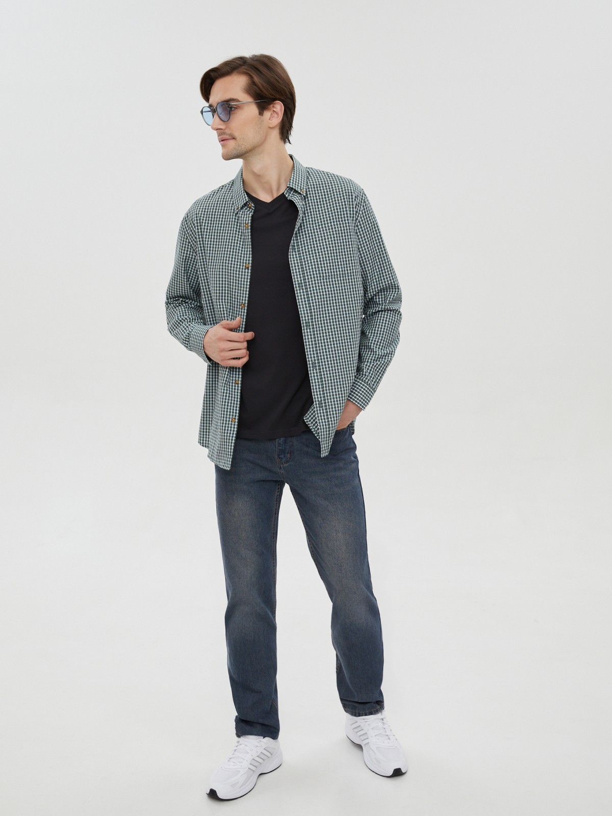 Офисная прямая рубашка в клетку с длинным рукавом