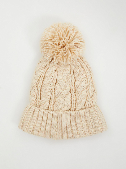 Тёплая вязаная шапка-бини с помпоном и флисом